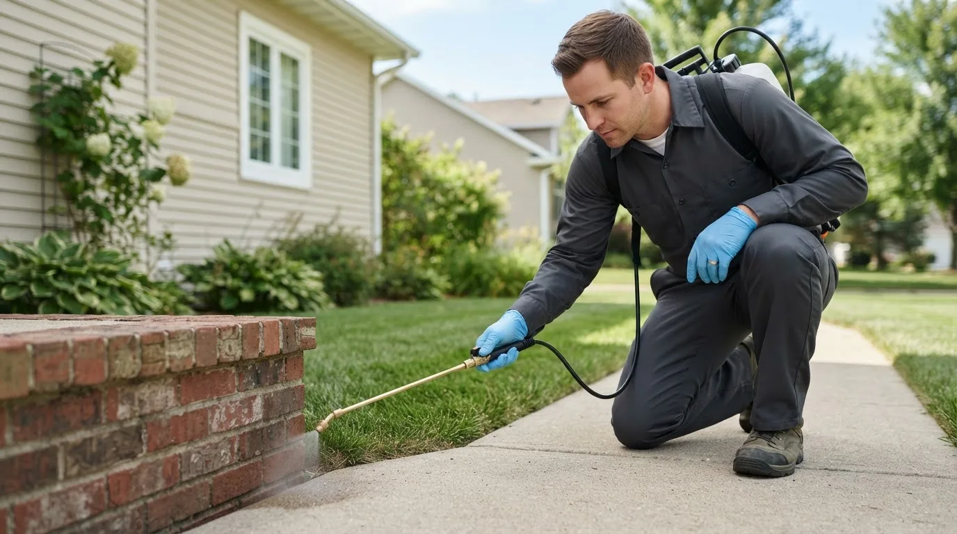 Pest control technician treating a home near Baileyville, IL