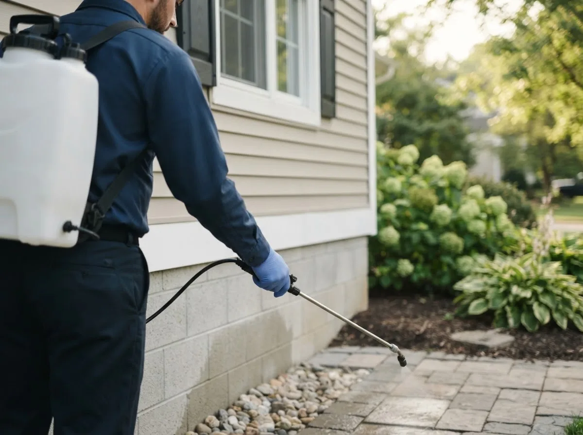 Pest control technician inspecting a home in Baileyville, IL